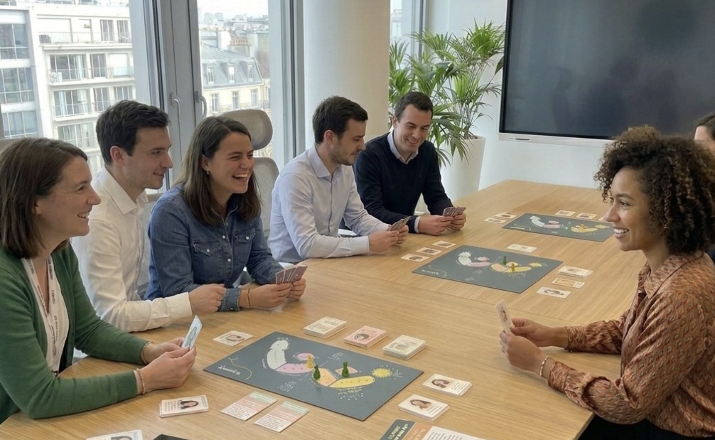 Une animatrice Parent'izi accompagne une équipe pendant une partie de Parent'izi® - le jeu autour du plateau